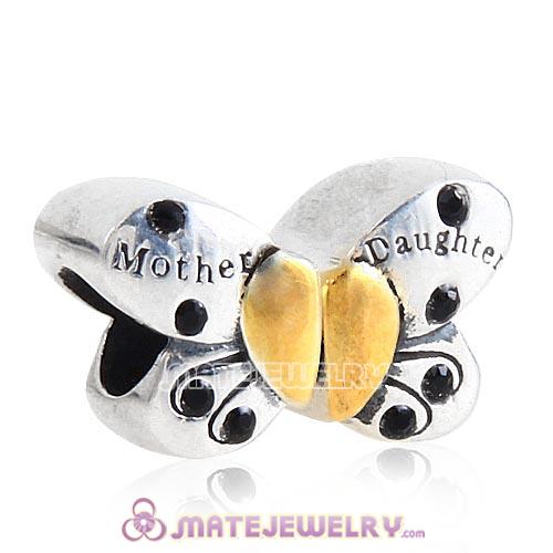 Sterling Silver Mother Daughter Butterfly Beads with Jet Austrian Crystal