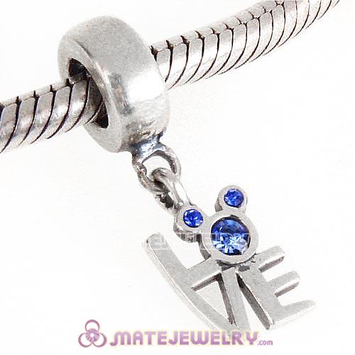 925 Sterling Silver Dangle Love Mickey Charm with Sapphire Austrian Crystal