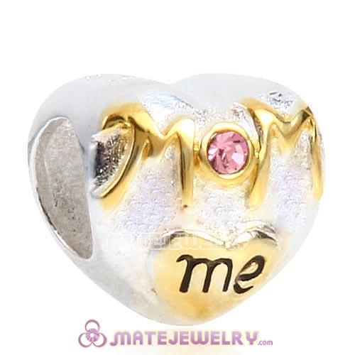 Sterling Silver Gold Plated MOM love me Heart Beads with Light Rose Austrian Crystal