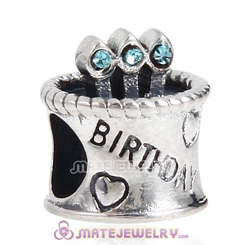 Sterling Silver Birthday Cake Charm Beads with Aquamarine Austrian Crystal Wholesale