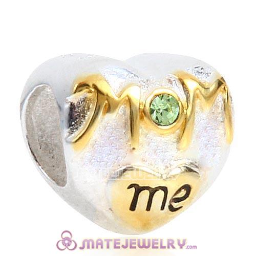 Sterling Silver Gold Plated MOM love me Heart Beads with Peridot Austrian Crystal