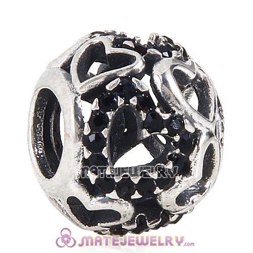925 Sterling Silver Lots of love Hearts Charm with Jet Heart Austrian Crystal