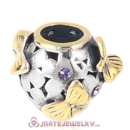 European style Sterling Silver Gold plated Butterfly Charms with Tanzanite Austrian Crystal