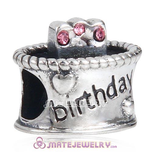 New Fashion Sterling Silver Birthday Cake Charm Beads with Light Rose Austrian Crystal