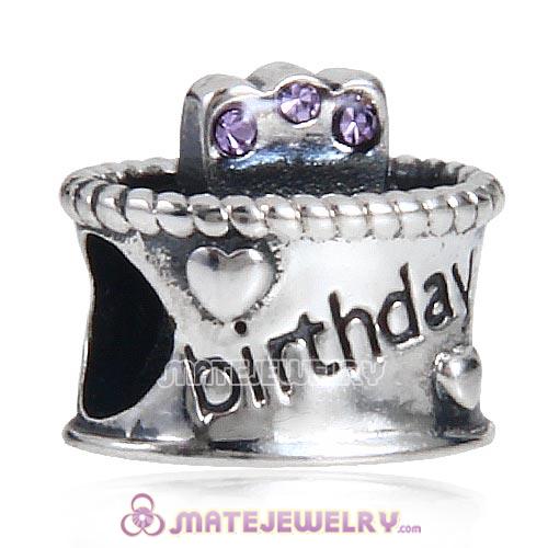 European Antique Sterling Silver Birthday Cake Charm Beads with Violet Austrian Crystal