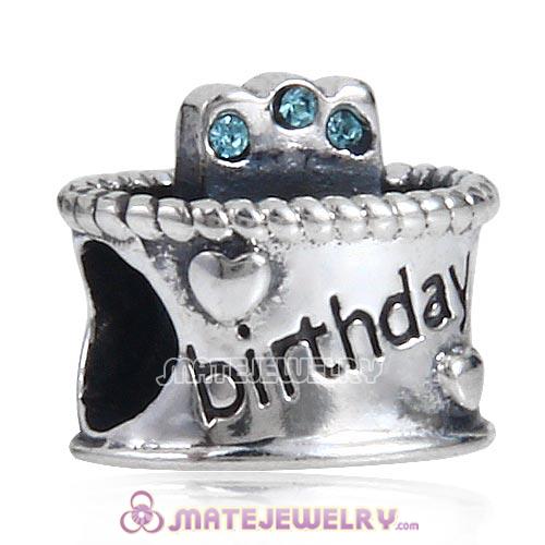 European Antique Sterling Silver Birthday Cake Charm Beads with Aquamarine Austrian Crystal