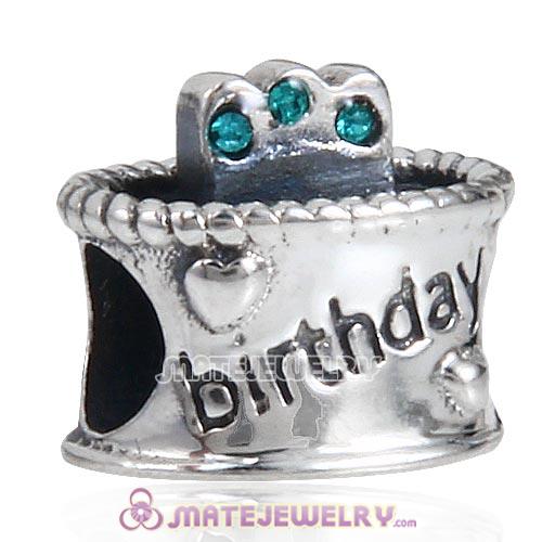 European Antique Sterling Silver Birthday Cake Charm Beads with Blue Zircon Austrian Crystal