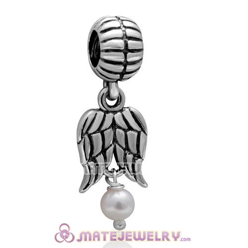 Authentic Sterling Silver Guardian Angel Wings Dangle Charms with White Freshwater Pearl 