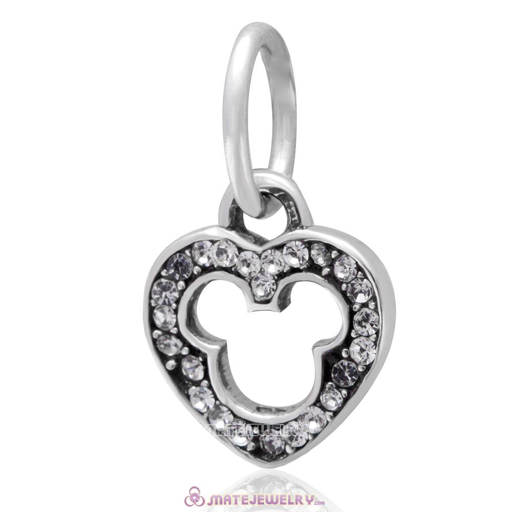 925 Sterling Silver Love Mickey Heart Charms with Clear Sparkling Crystal