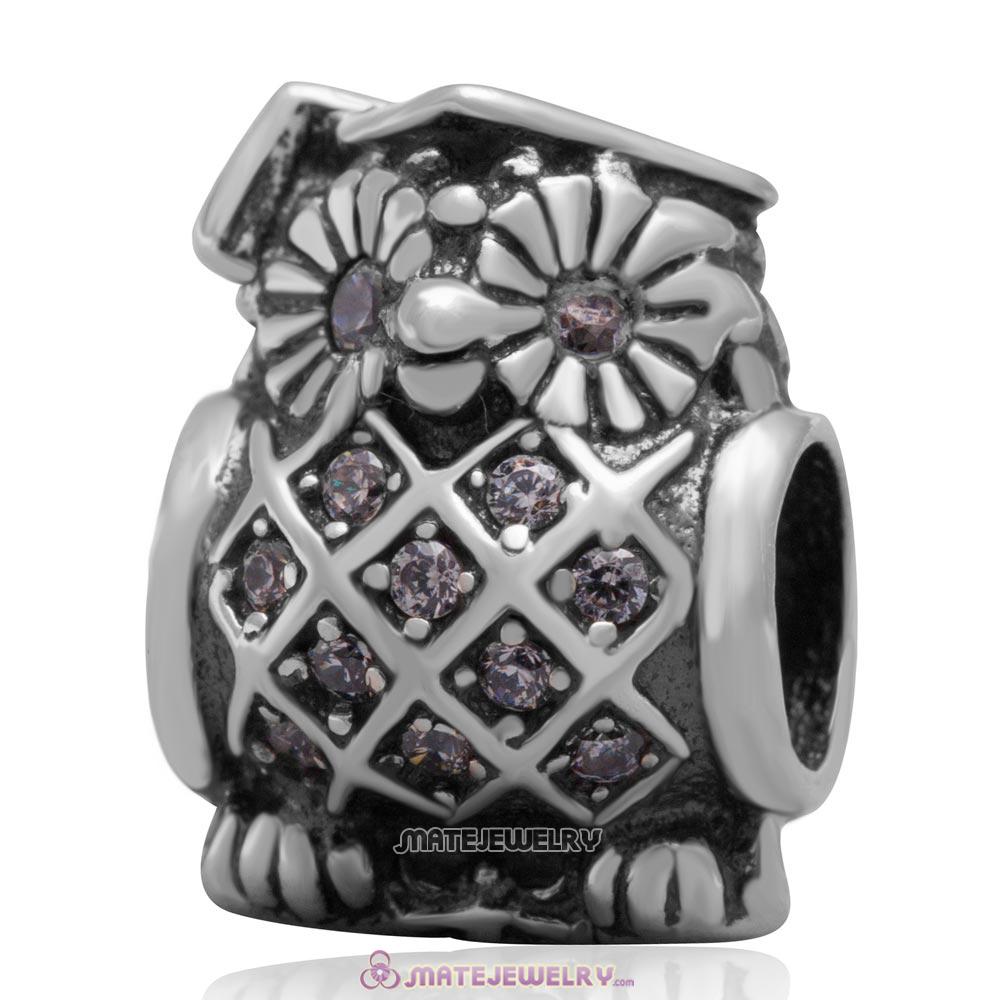 Sterling Silver Graduate Owl Charm Bead with Clear CZ