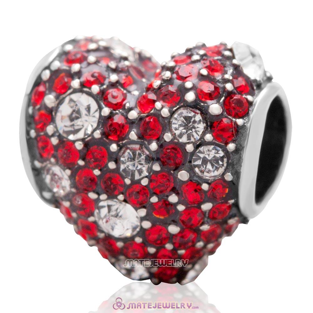 Sterling Silver Red Pave Heart Charm With Sparkling Lt Siam Austrian Crystal 