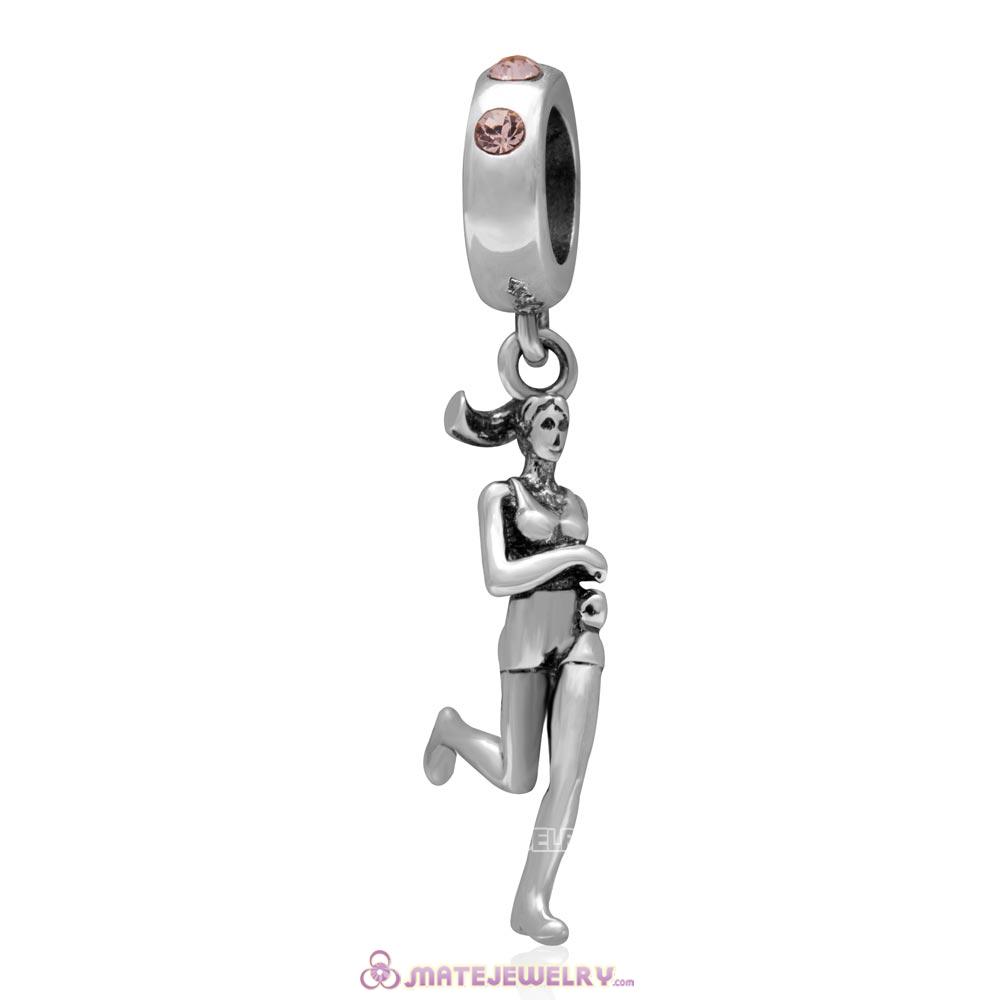 Lady Runner Dangling Bead Charm 925 Sterling Silver with Light Peach Australian Crystal