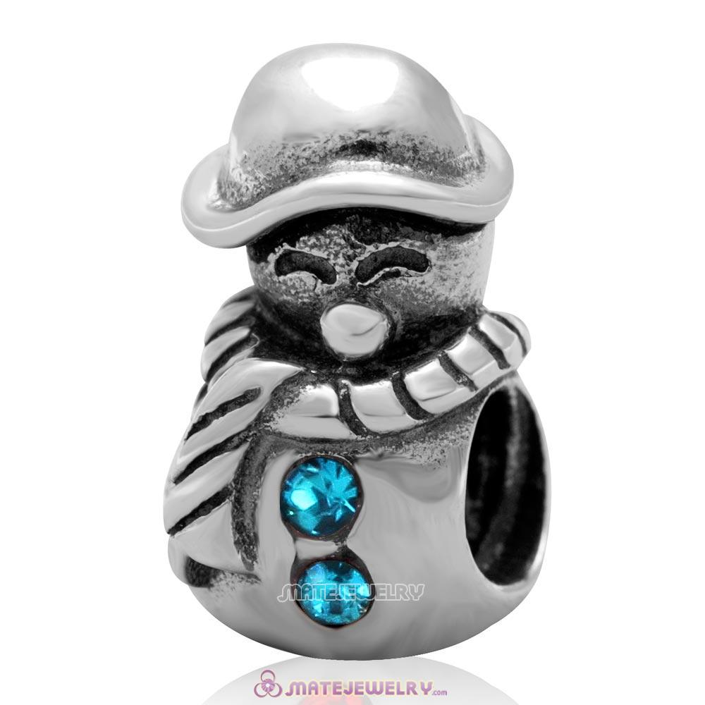 Christmas Snowman Charm Antique Sterling Silver Bead with Blue Zircon Australian Crystal