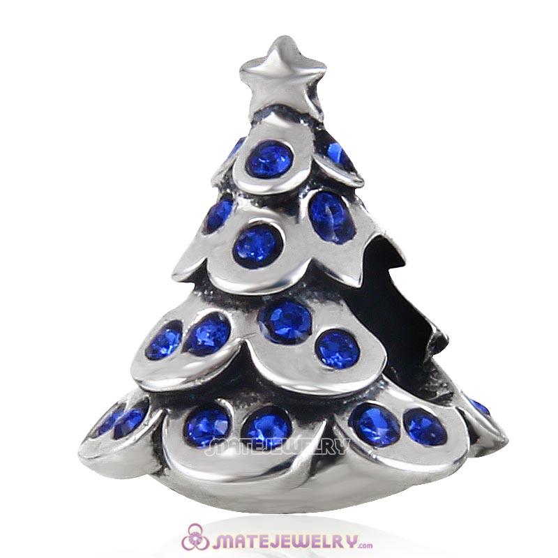 Christmas Tree Charm 925 Sterling Silver Beads with Bling Sapphire Australian Crystal