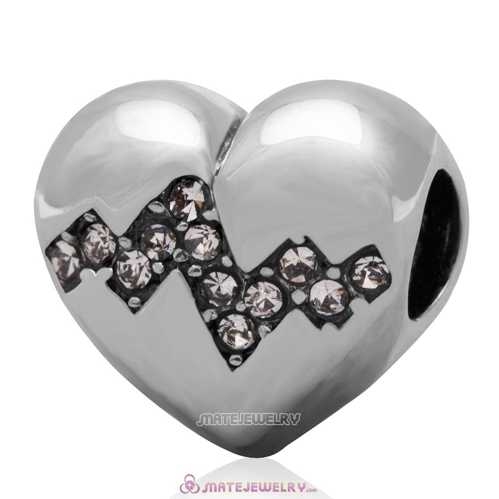 Antique Sterling Silver Heart Bead with Clear Australian Crystal