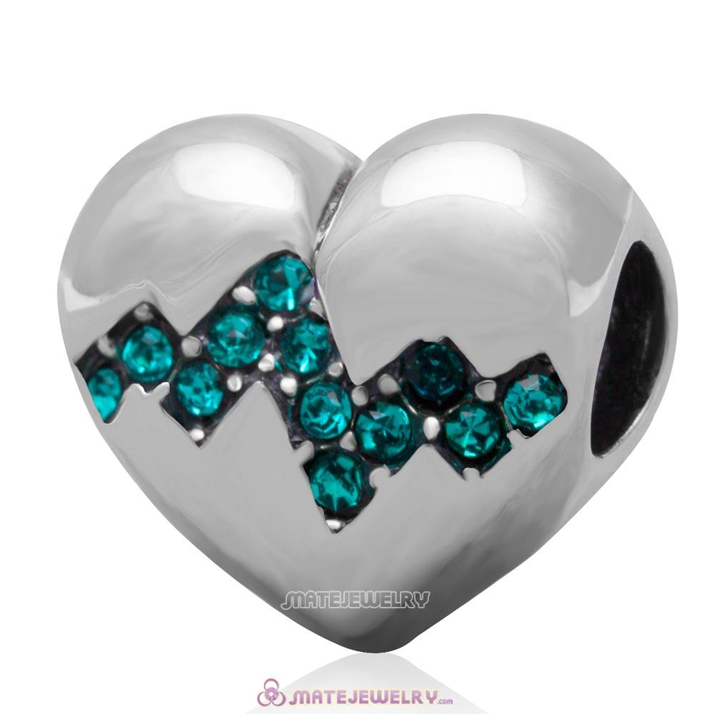 Antique Sterling Silver Heart Bead with Blue Zircon Australian Crystal