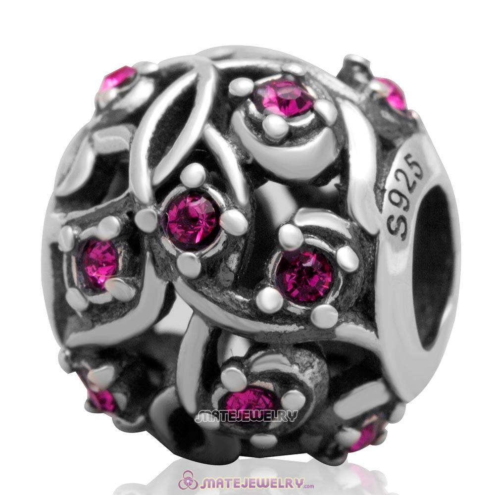 European Style Rounded Sterling Silver Fuchsia Austrian Crystal Initial Bead  