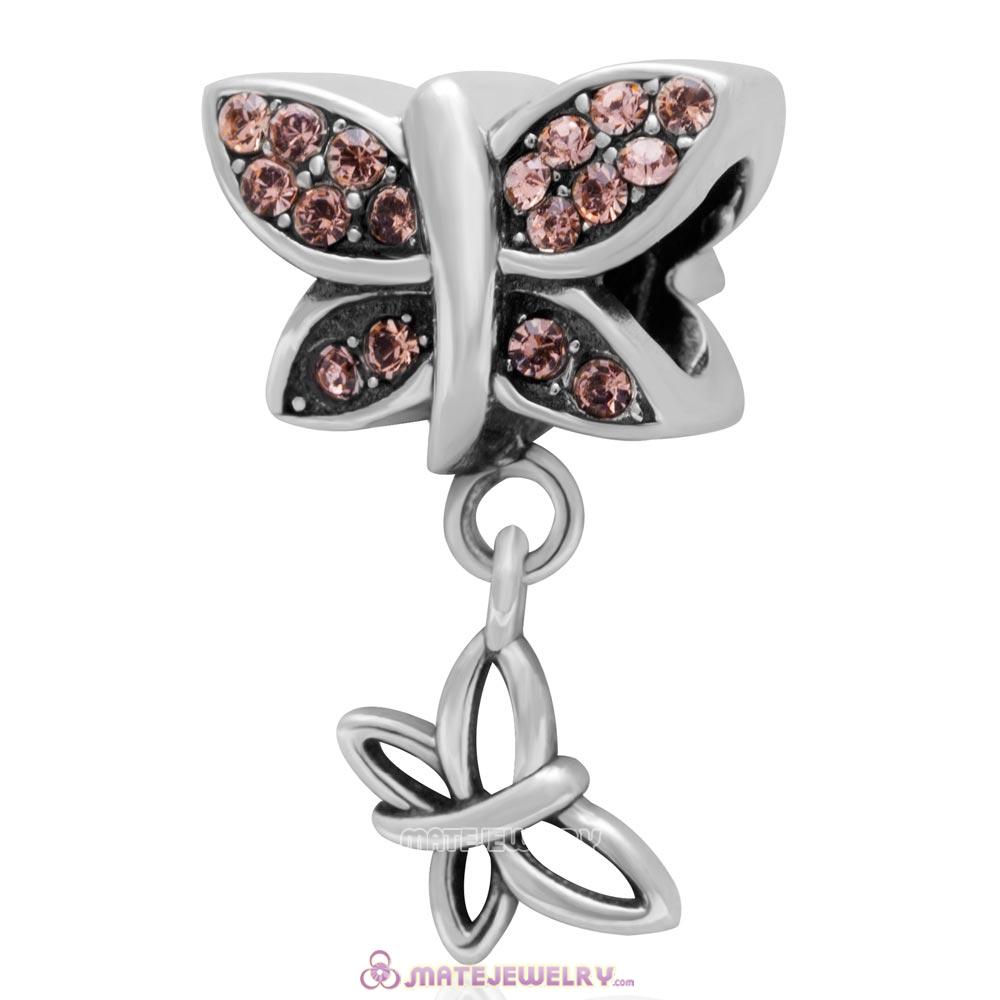 European Style Butterfly Dangling Bead 925 Sterling Silver with Pave Light Peach Australian Crystal