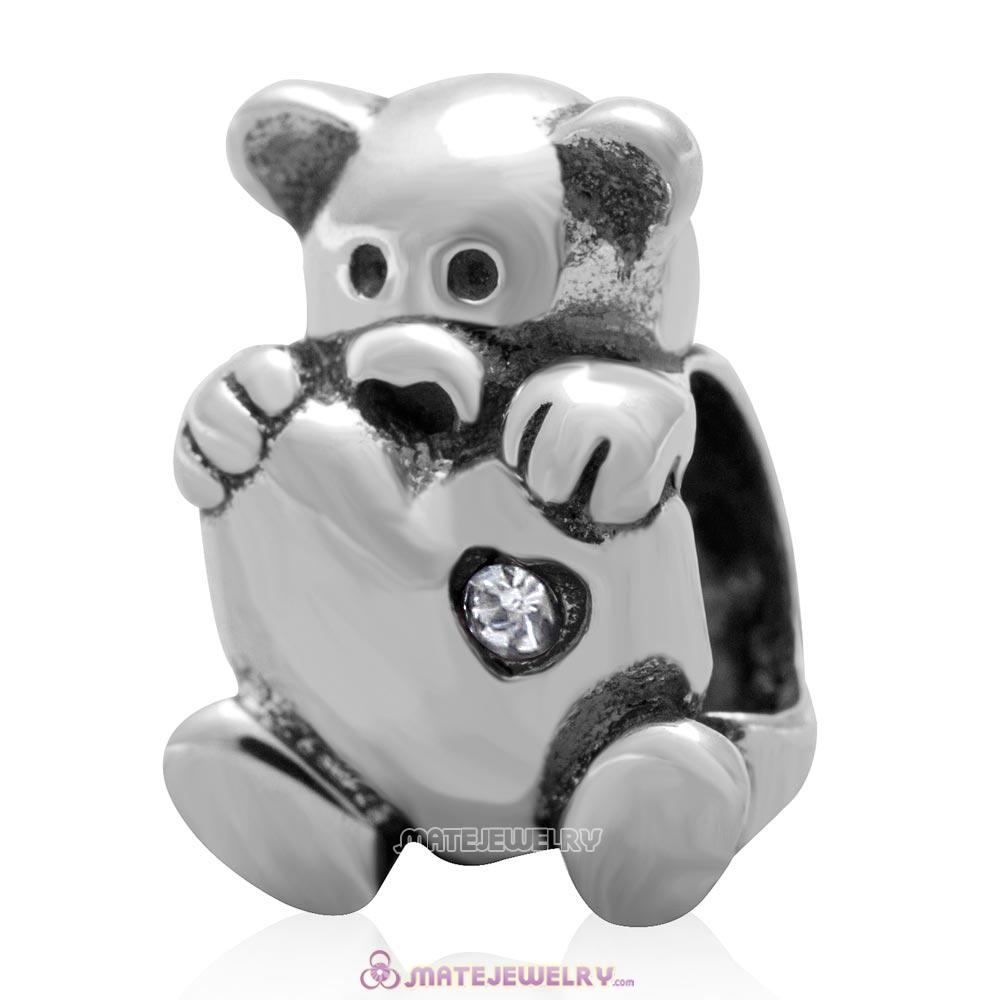 Bear Hug Heart Charm 925 Sterling Silver with Clear Australian Crystal