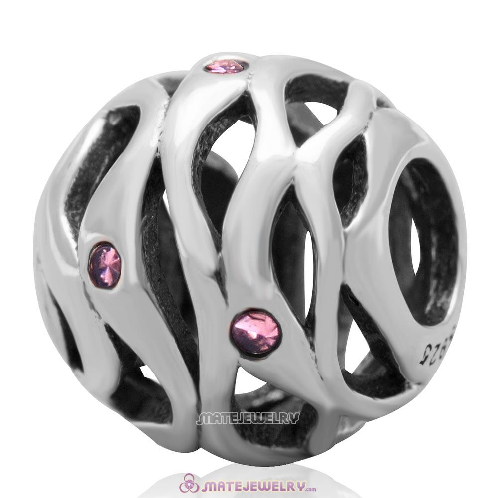 European Style Solid Antique Sterling Silver Bead with Lt Rose Crystal
