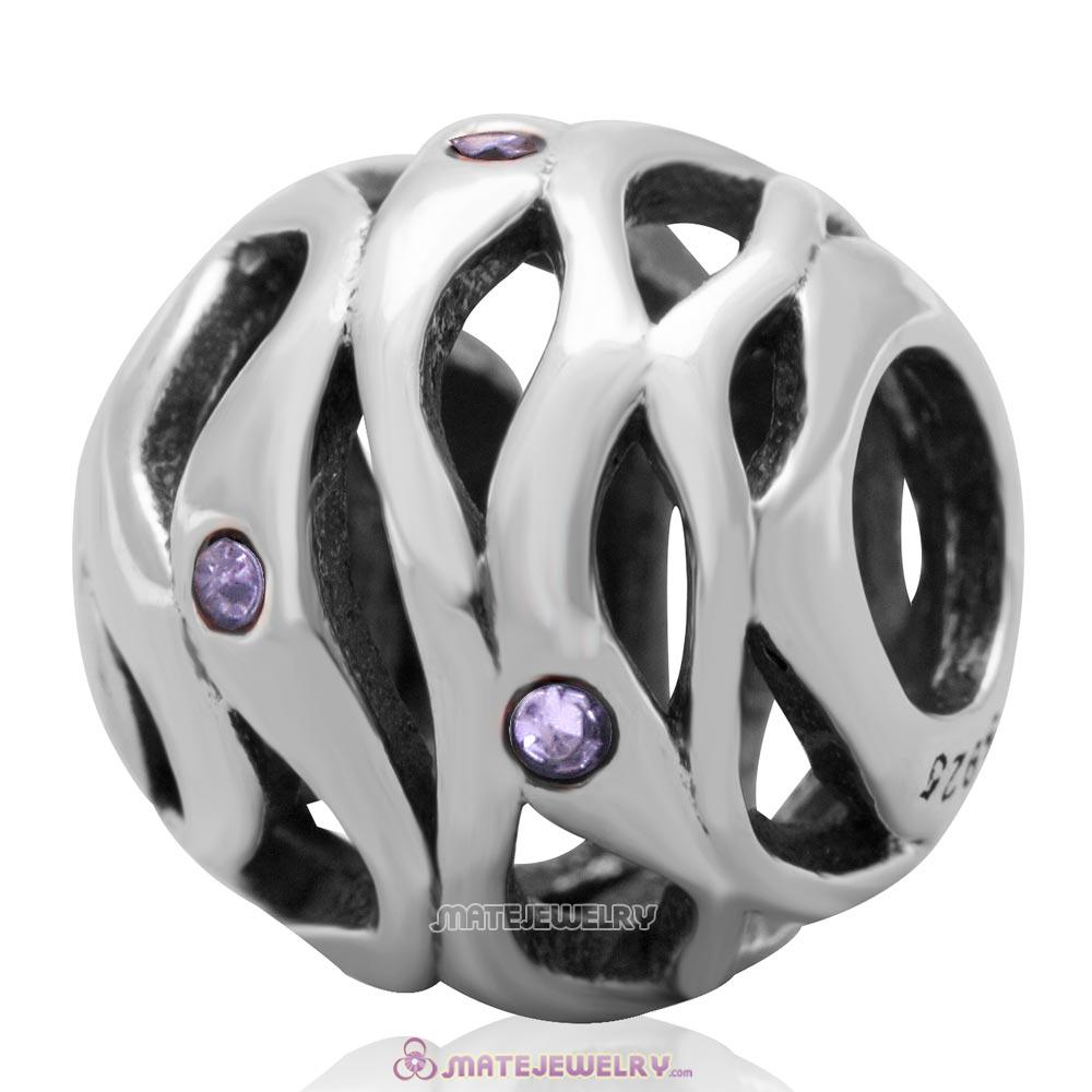 European Style Solid Antique Sterling Silver Bead with Violet Crystal