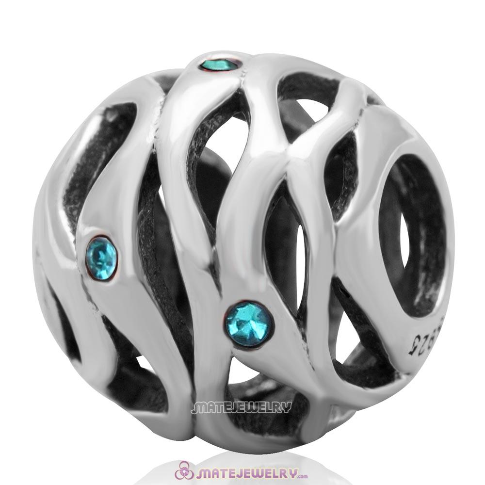 European Style Solid Antique Sterling Silver Bead with Blue Zircon Crystal