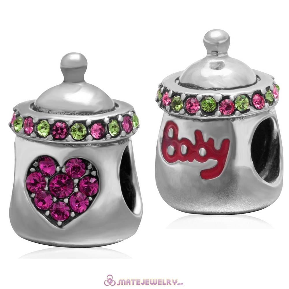 Baby Bottle Milk Charm Sterling Silver 925 Bead with Fuchsia Heart Australian Crystal 