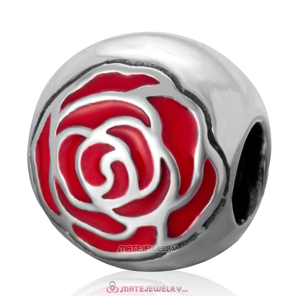 Antique Sterling Silver Rose Flower with Red Enamel Charm Beads