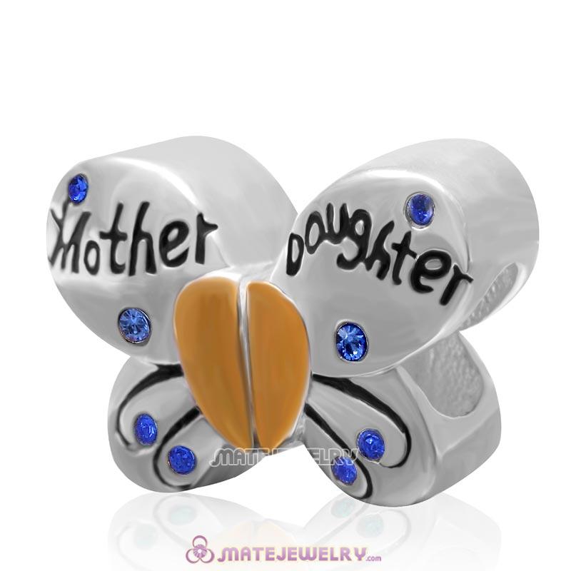 1 Pair Mother Daughter Butterfly Charm Sterling Silver Beads with Sapphire Austrian Crystal