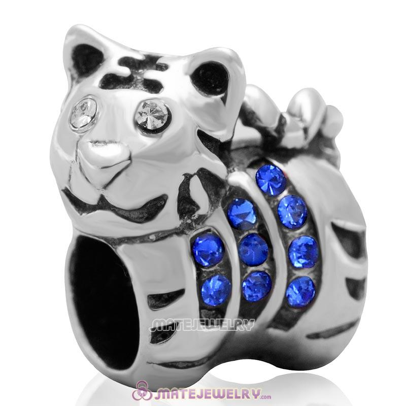 Tiger Charm Sterling Silver Beads with Sapphire Austrian Crystal