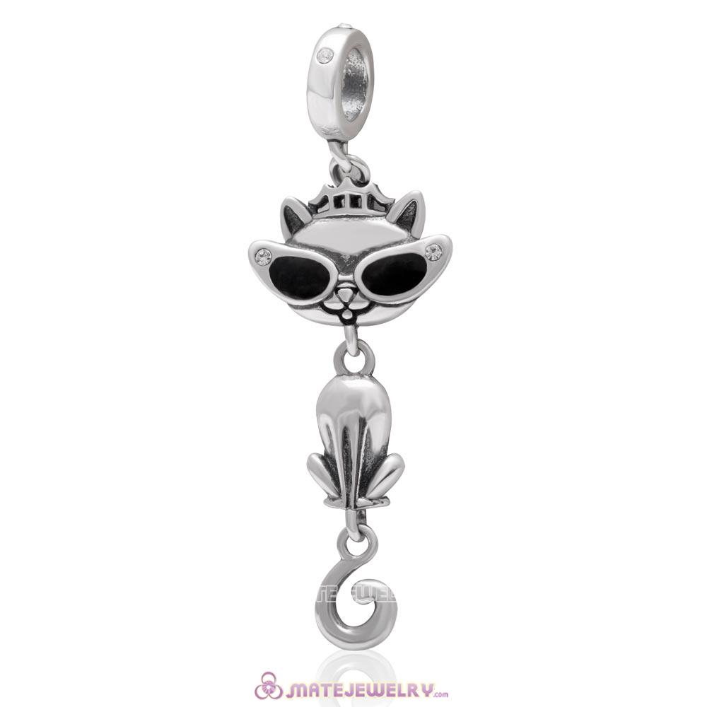 Cat in Sunglasses Charm 925 Sterling Silver Dangle Bead with Clear Crystal