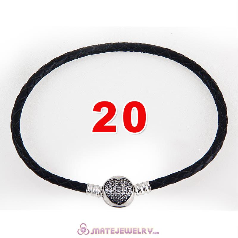 20cm Black Braided Leather Bracelet 925 Silver Love of My Life Round Clip with Heart White CZ Stone