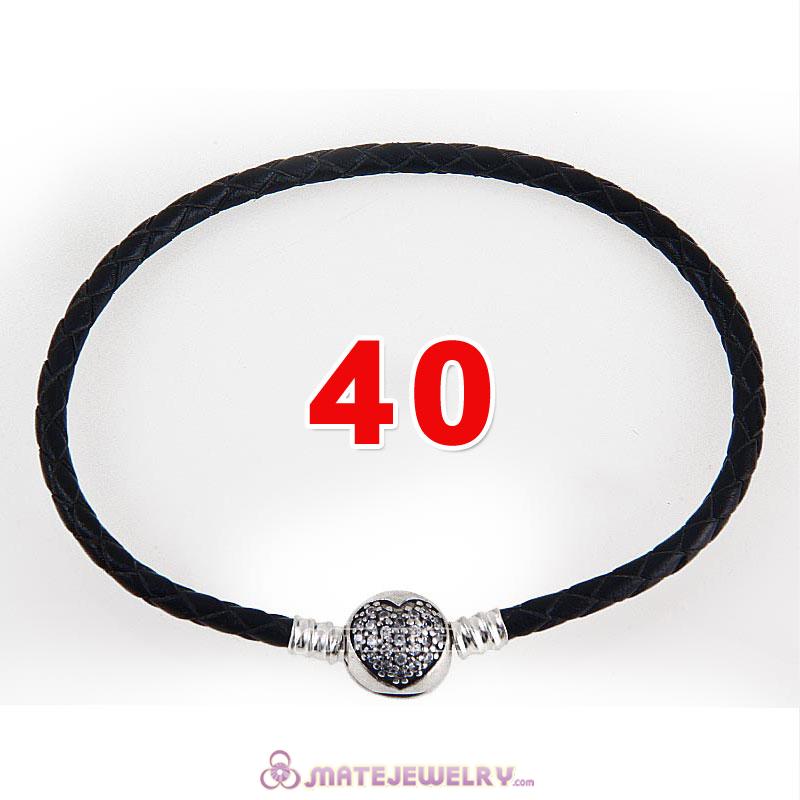 40cm Black Braided Leather Double Bracelet 925 Silver Love of My Life Clip with Heart White CZ Stone