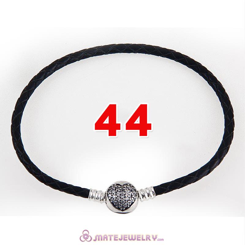 44cm Black Braided Leather Double Bracelet 925 Silver Love of My Life Clip with Heart White CZ Stone