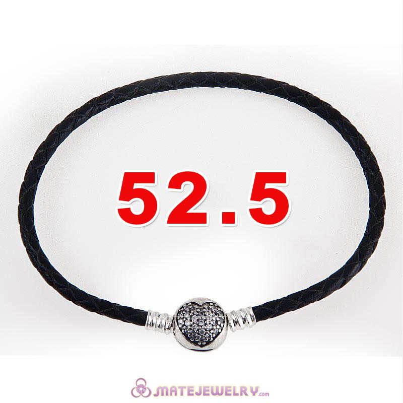 52.5cm Black Braided Leather Triple Bracelet Silver Love of My Life Clip with Heart White CZ Stone
