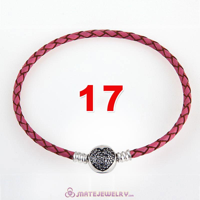 17cm Pink Braided Leather Bracelet 925 Silver Love of My Life Round Clip with Heart White CZ Stone