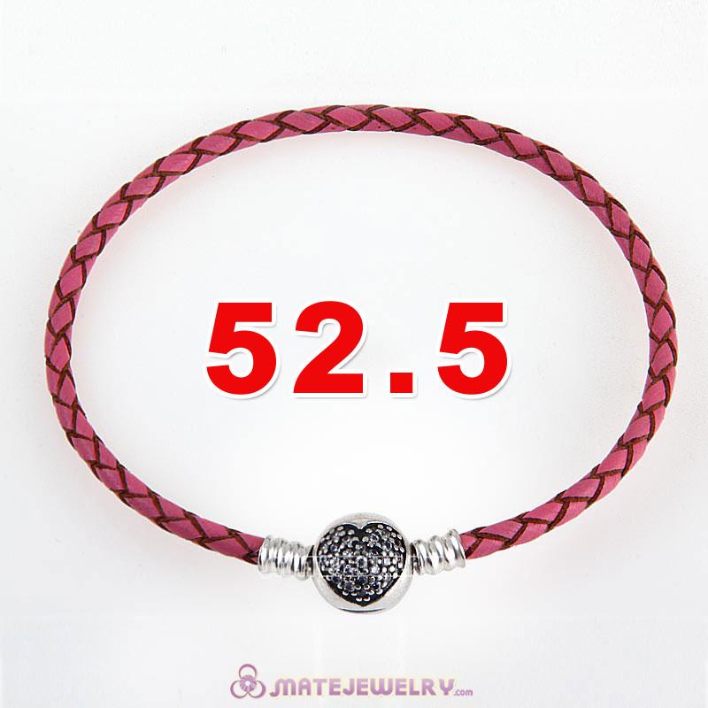 52.5cm Pink Braided Leather Triple Bracelet Silver Love of My Life Clip with Heart White CZ Stone
