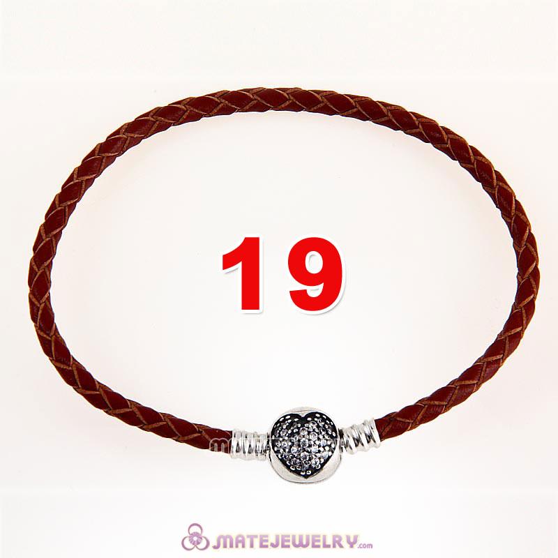 19cm Brown Braided Leather Bracelet 925 Silver Love of My Life Round Clip with Heart White CZ Stone