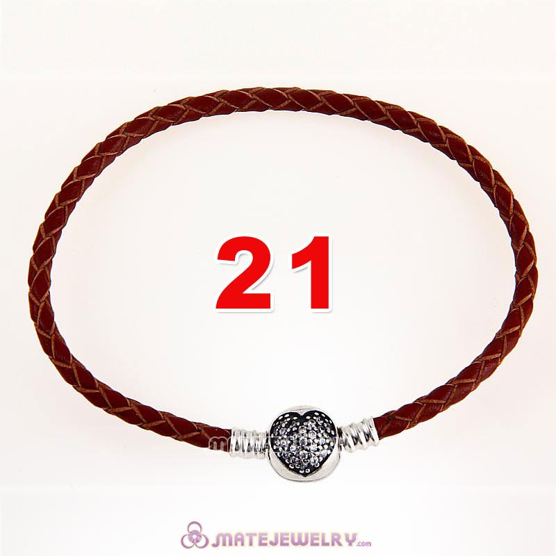 21cm Brown Braided Leather Bracelet 925 Silver Love of My Life Round Clip with Heart White CZ Stone