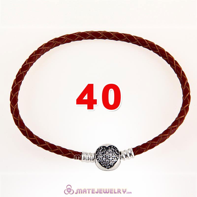 40cm Brown Braided Leather Double Bracelet 925 Silver Love of My Life Clip with Heart White CZ Stone
