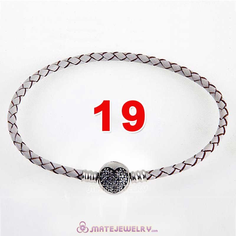 19cm White Braided Leather Bracelet 925 Silver Love of My Life Round Clip with Heart White CZ Stone