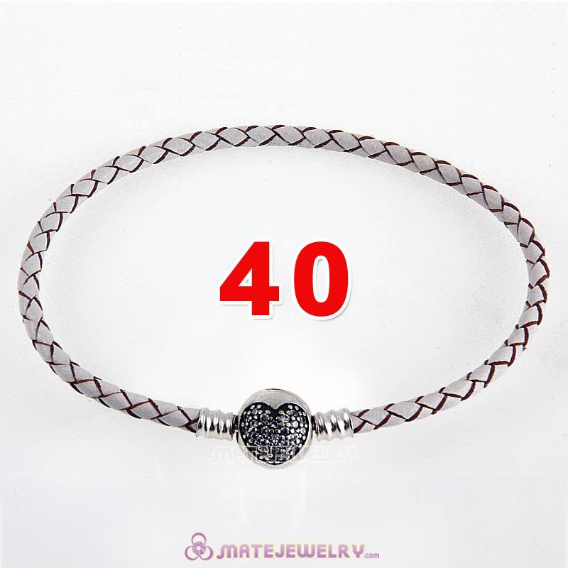 40cm White Braided Leather Double Bracelet 925 Silver Love of My Life Clip with Heart White CZ Stone