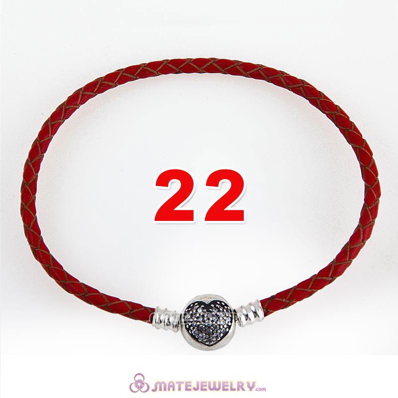 22cm Red Braided Leather Bracelet 925 Silver Love of My Life Round Clip with Heart White CZ Stone