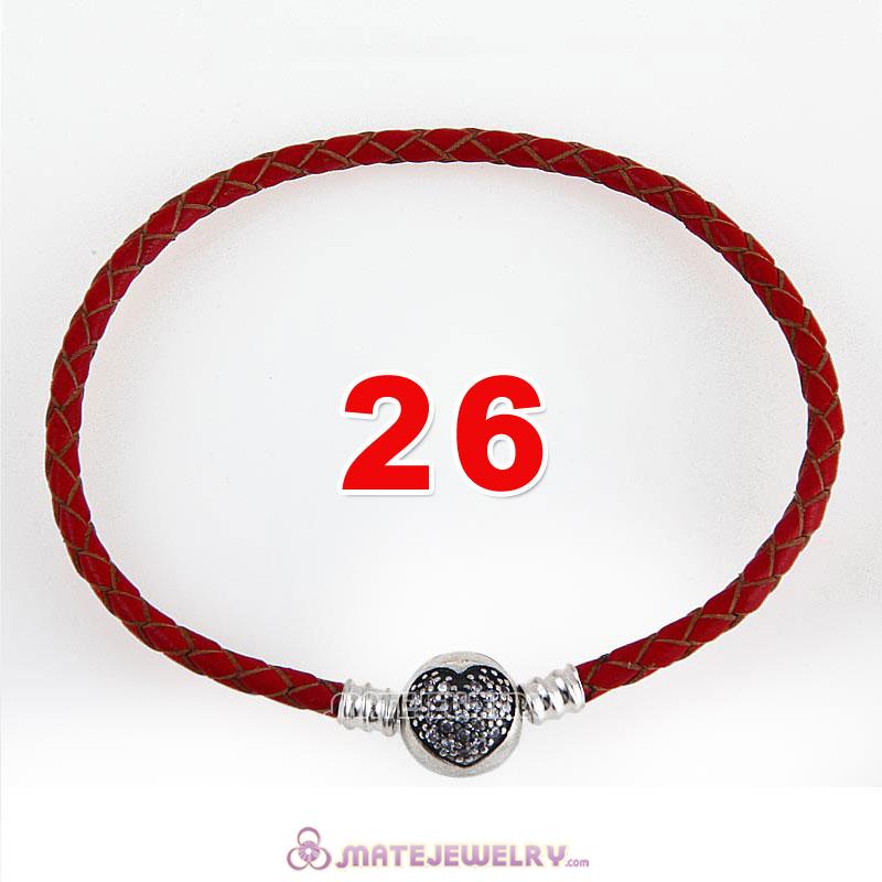 26cm Red Braided Leather Bracelet 925 Silver Love of My Life Round Clip with Heart White CZ Stone