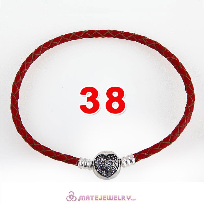 38cm Red Braided Leather Double Bracelet 925 Silver Love of My Life Clip with Heart White CZ Stone