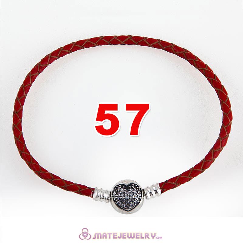 57cm Red Braided Leather Triple Bracelet Silver Love of My Life Clip with Heart White CZ Stone