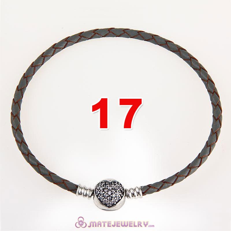 17cm Gray Braided Leather Bracelet 925 Silver Love of My Life Round Clip with Heart White CZ Stone