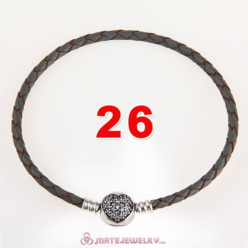 26cm Gray Braided Leather Bracelet 925 Silver Love of My Life Round Clip with Heart White CZ Stone