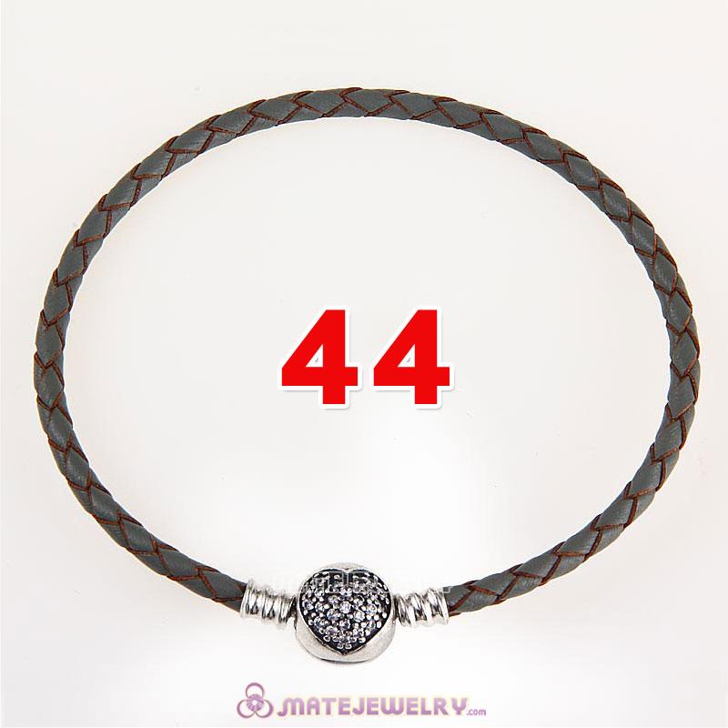 44cm Gray Braided Leather Double Bracelet 925 Silver Love of My Life Clip with Heart White CZ Stone