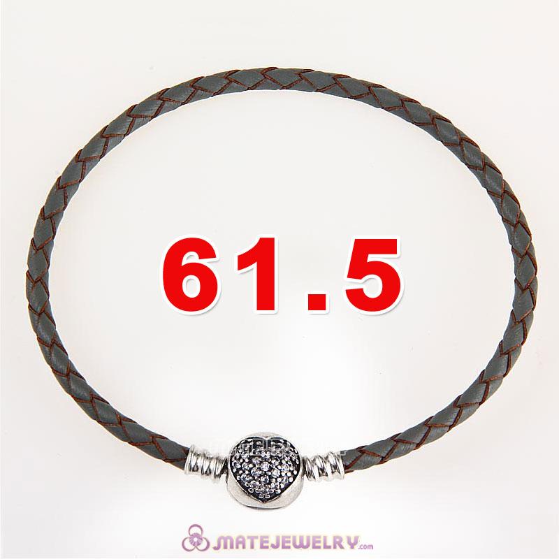 61.5cm Gray Braided Leather Triple Bracelet Silver Love of My Life Clip with Heart White CZ Stone